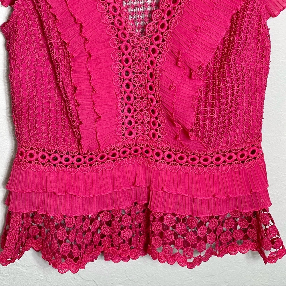 SAYLOR Pink Eyelet Ruffle Peplum Blouse Flutter Sleeve Boho Romantic Statement - Picture 10 of 16